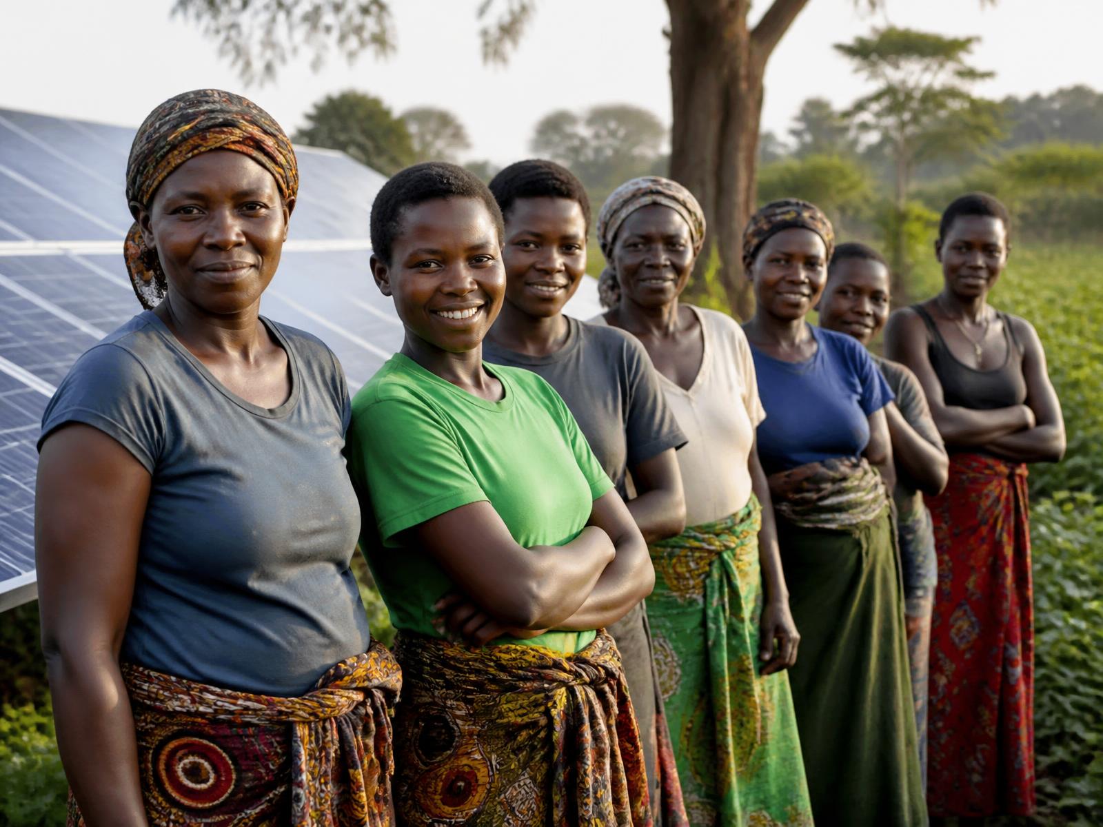 Women and young people standing beside solar panels and farmland in a rural community