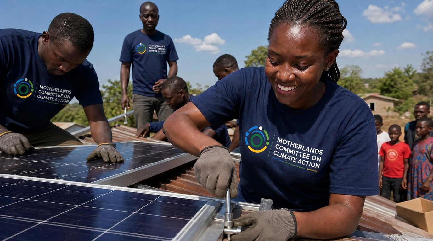 Community technicians installing solar panels at a village hub